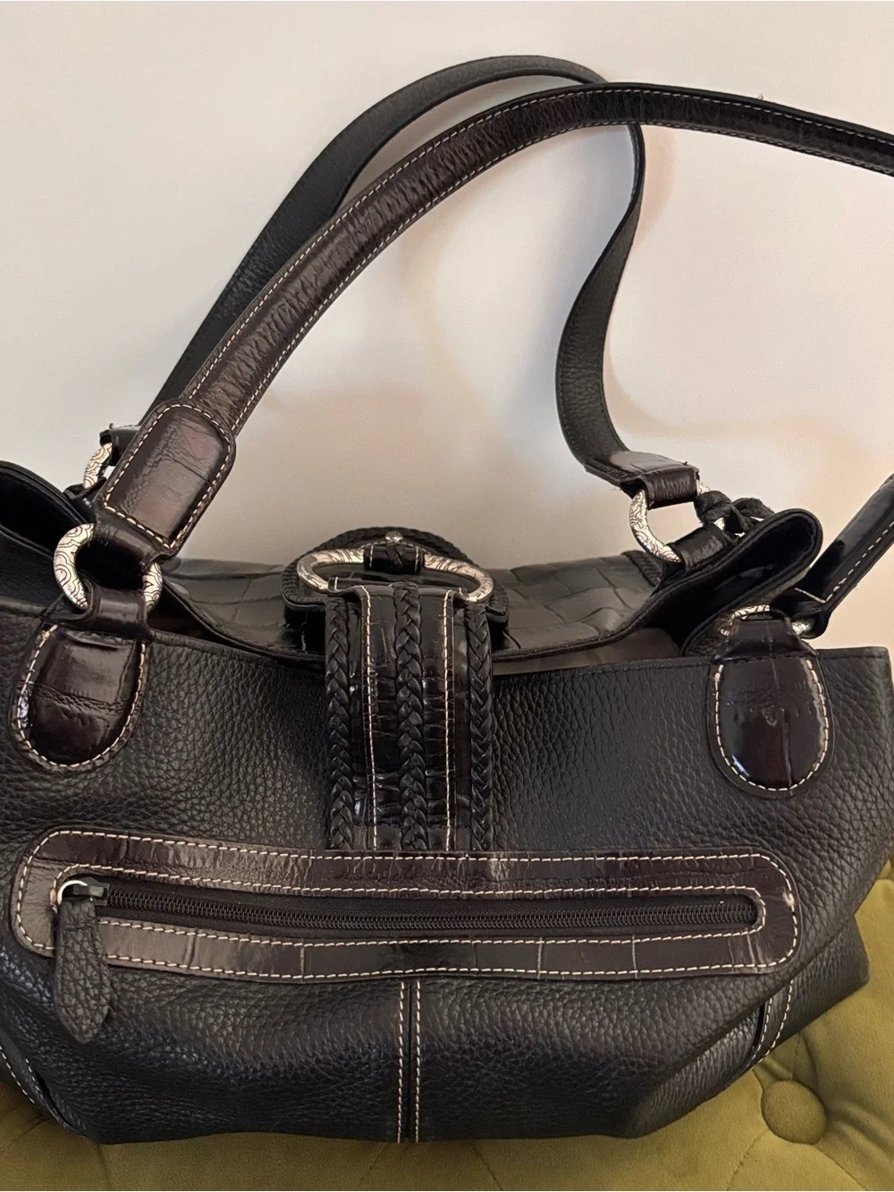 Brighton Black Croc-Accent Shoulder Bag with Silver Buckle